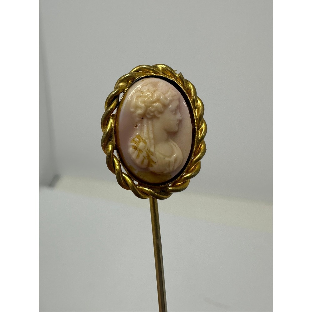 Vintage Gold Tone Carved Shell Cameo Stick Pin Victorian Style Lapel Pin 2.5"